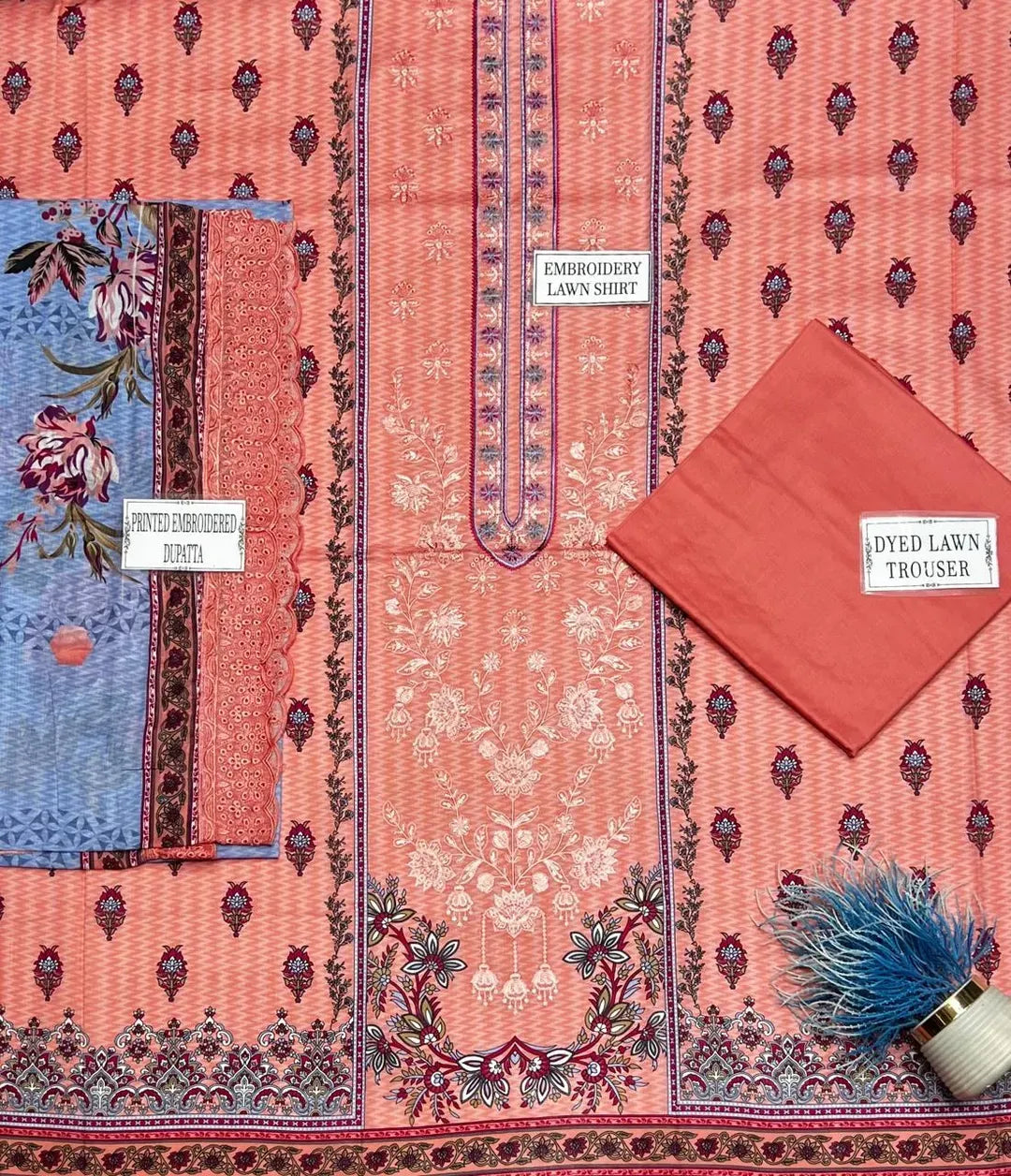 Embroidered Lawn 3Pcs Set (Peach)