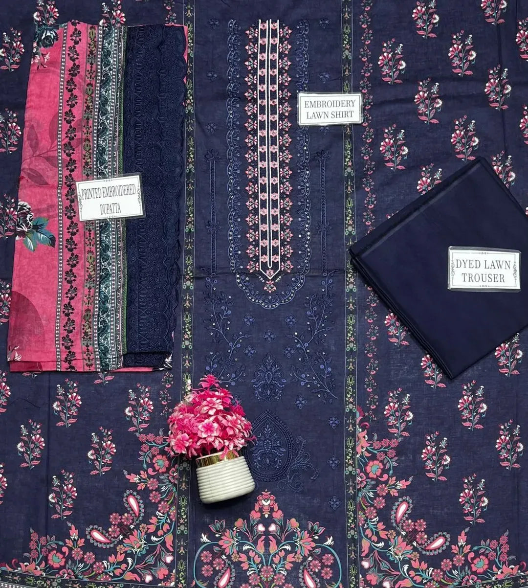Embroidered Lawn 3Pcs Suit Set (Blue)