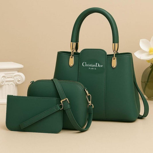 3 Pcs Women's Green PU Leather Hand Bag Set