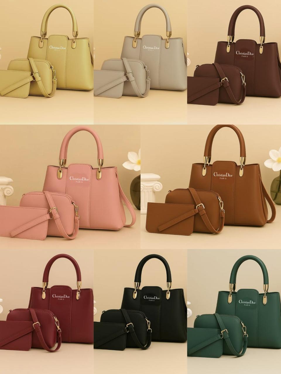 3 Pcs Women's Green PU Leather Hand Bag Set