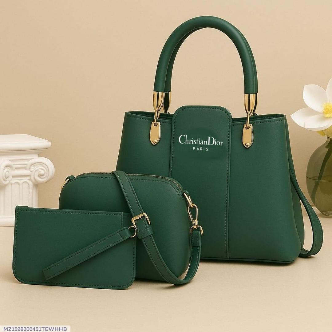 3 Pcs Women's Green PU Leather Hand Bag Set