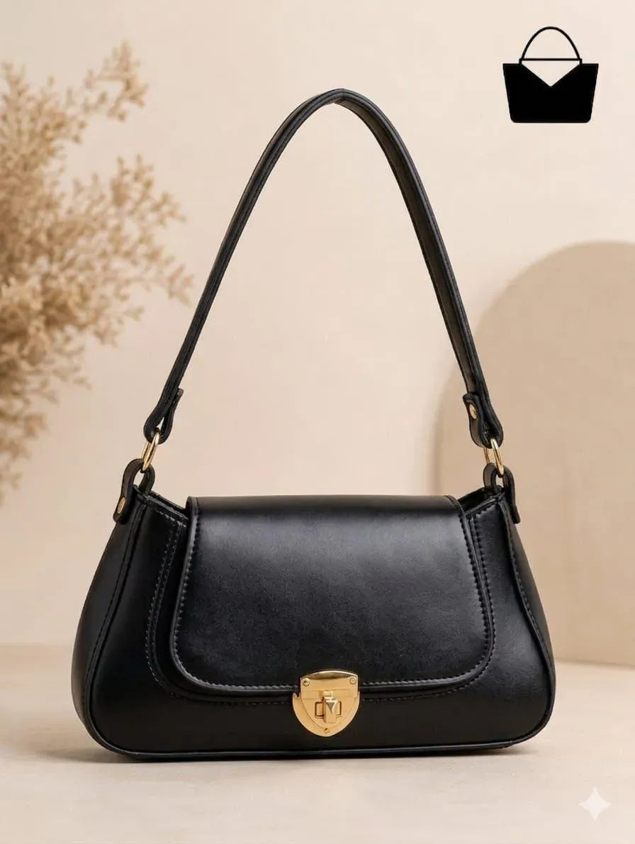 Black Leather Shoulder Bag for Women with Gold Clasp