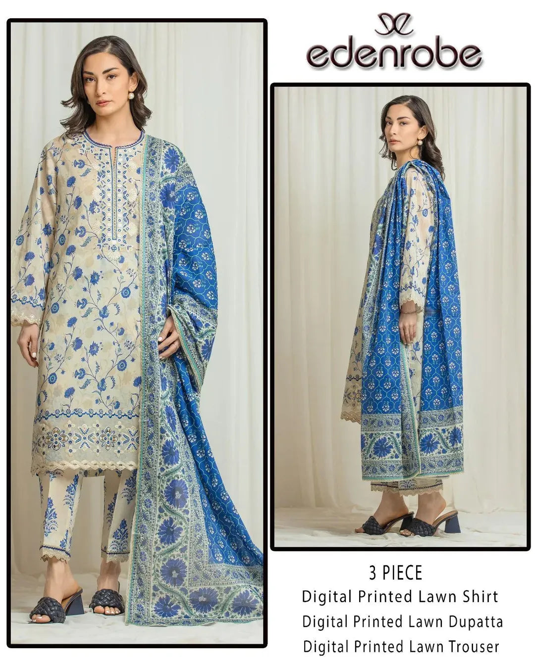 Digital Print Lawn 3 Piece Suit( Blue Off White)