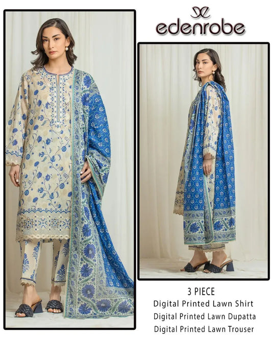 Digital Print Lawn 3 Piece Suit( Blue Off White)