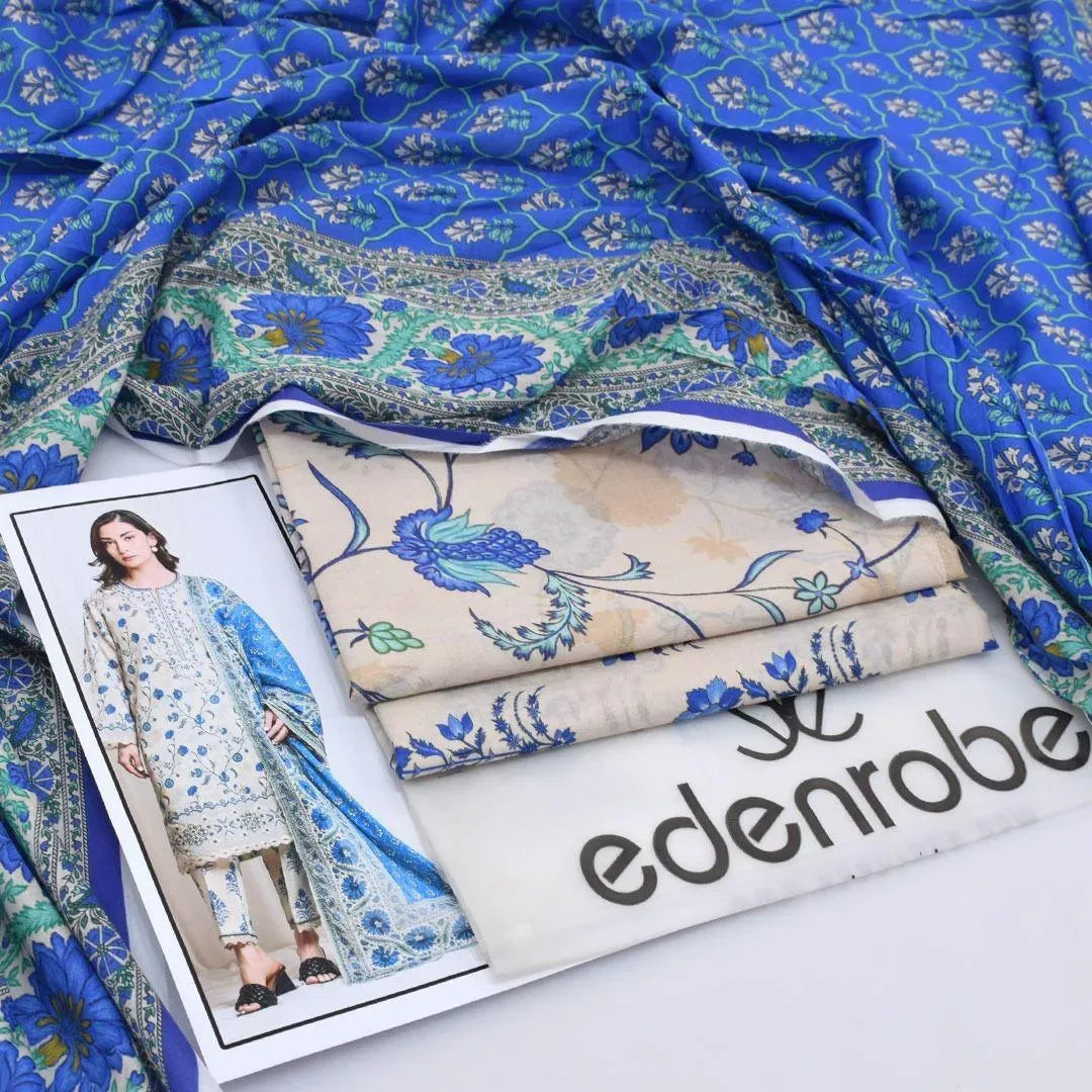 Digital Print Lawn 3 Piece Suit( Blue Off White)