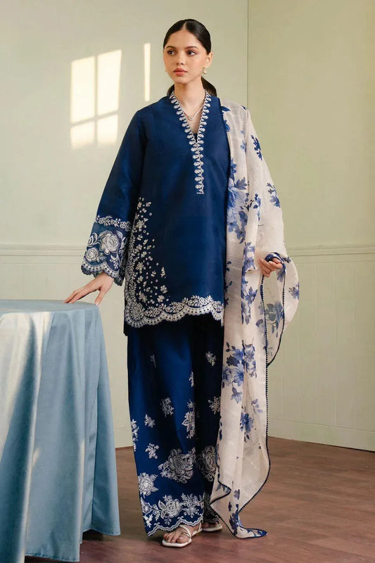 Embroidered Lawn 3Pcs Set for Women (Blue)