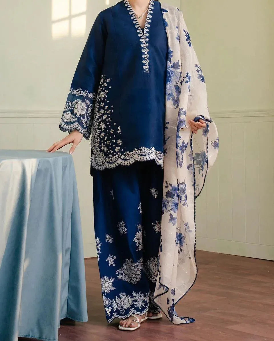 Embroidered Lawn 3Pcs Set for Women (Blue)
