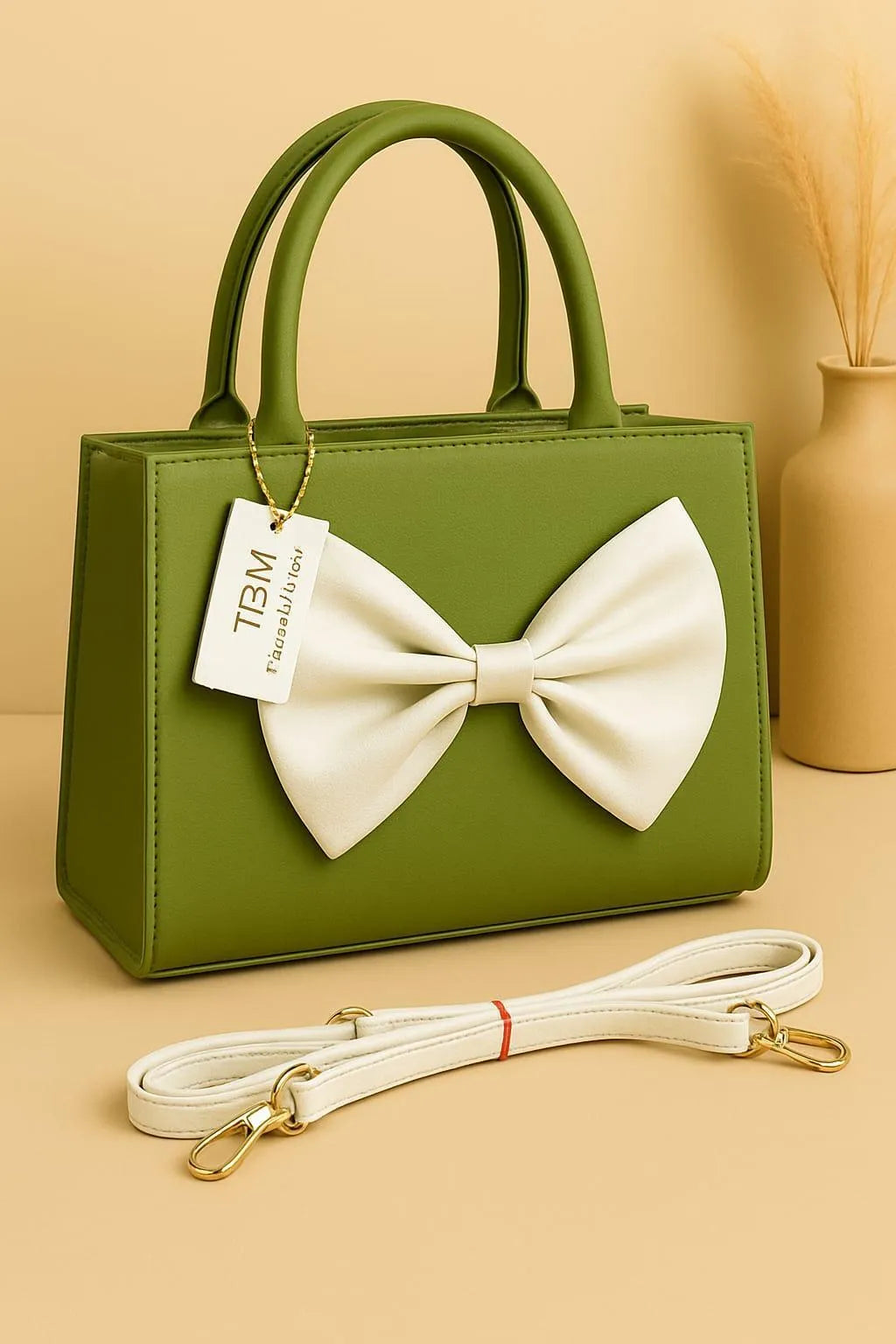 Women's Green Leather Bow Handbag with Adjustable Belt