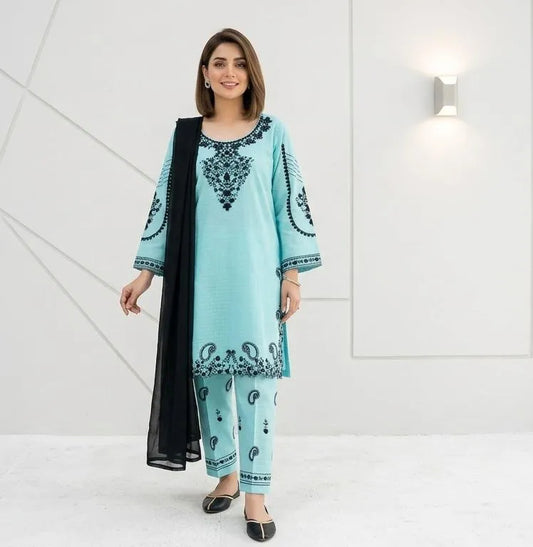Light Blue Embroidered Kurta Set with Black Dupatta (Stitched)