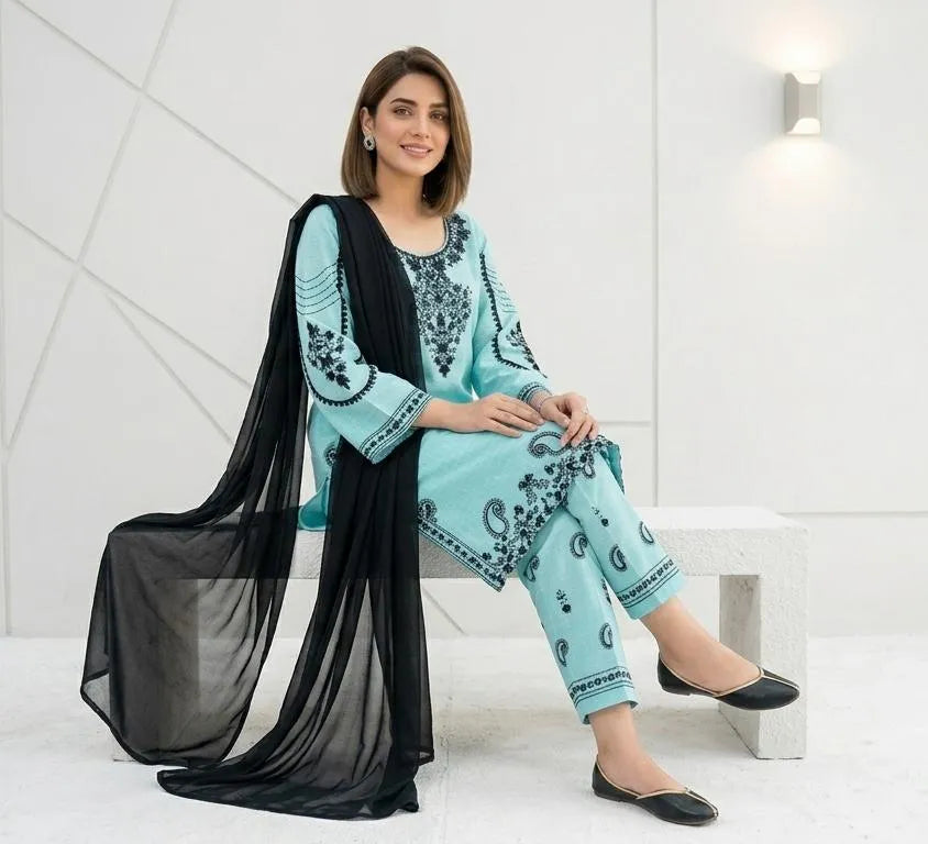 Light Blue Embroidered Kurta Set with Black Dupatta (Stitched)