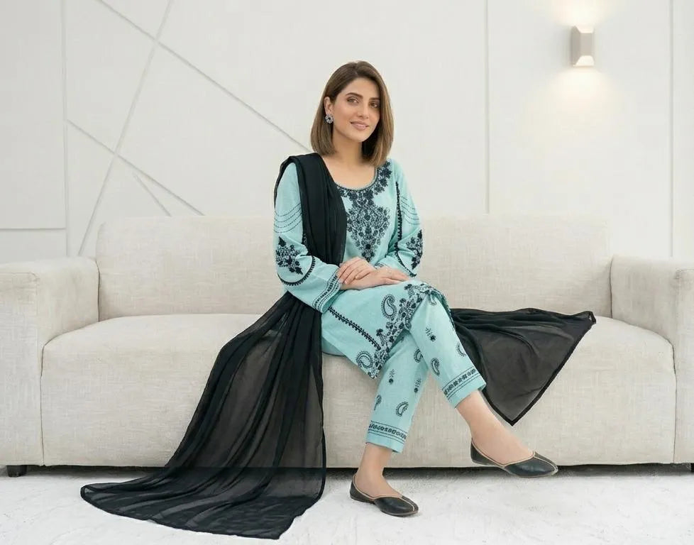 Light Blue Embroidered Kurta Set with Black Dupatta (Stitched)