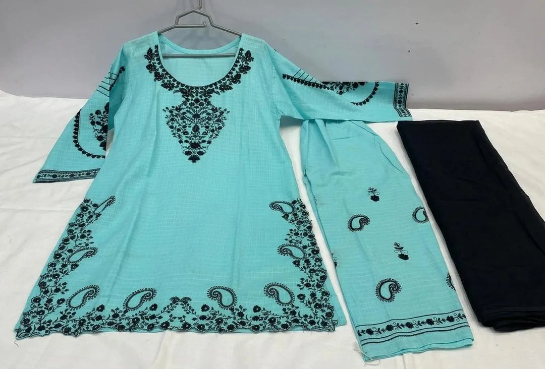 Light Blue Embroidered Kurta Set with Black Dupatta (Stitched)