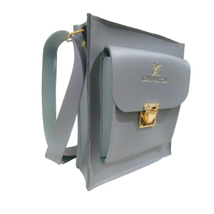Grey PU Leather Crossbody Bag with Front Lock Closure