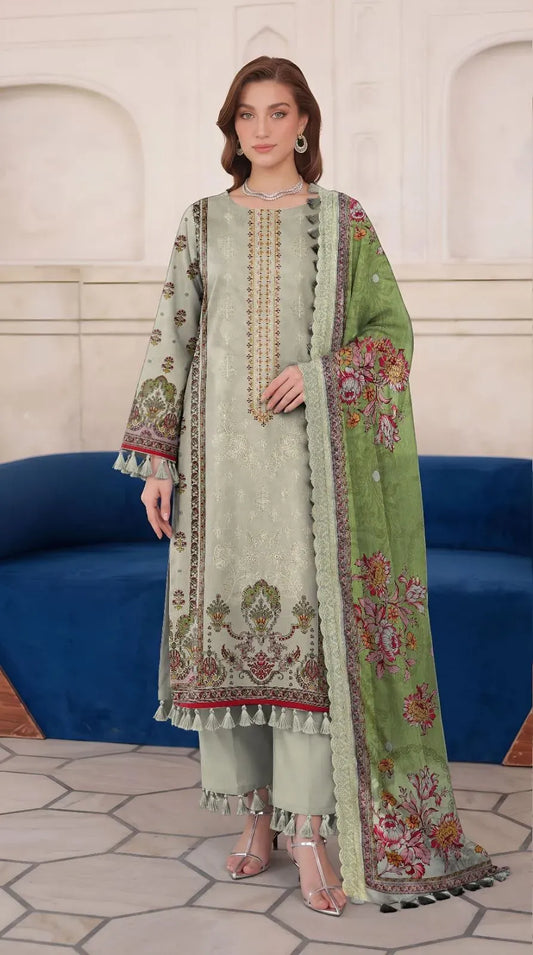 Embroidered Lawn 3Pcs  Suit Set (Off White)