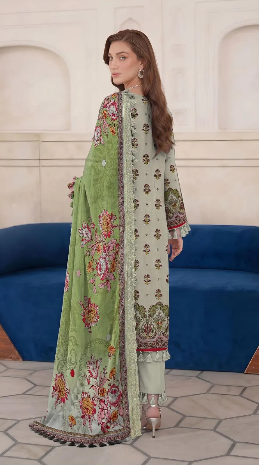 Embroidered Lawn 3Pcs  Suit Set (Off White)