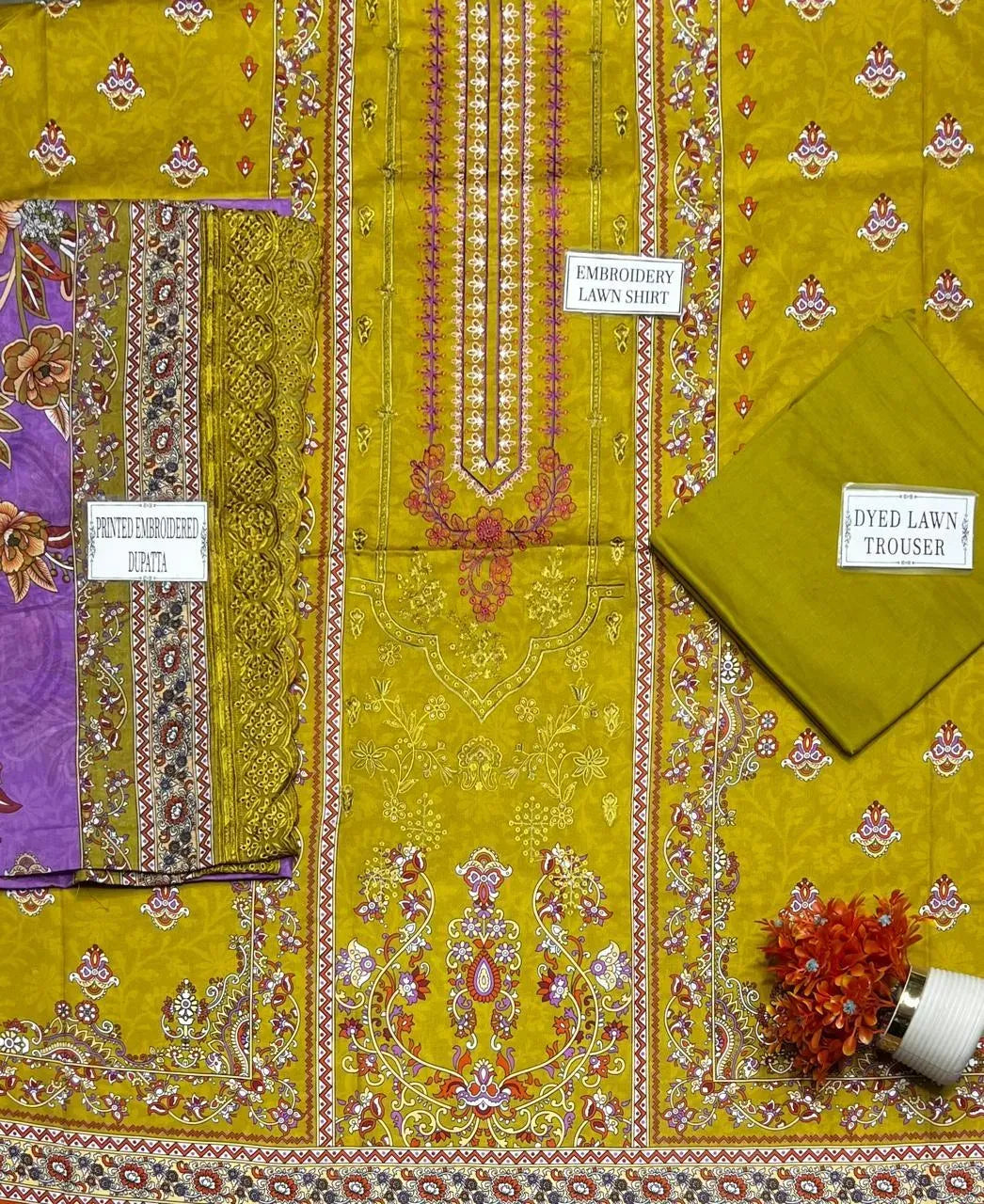 Embroidered Lawn 3Pcs Set (Green)