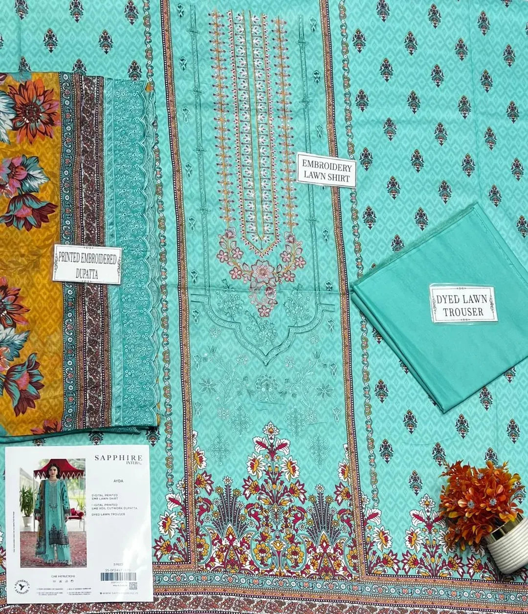 Embroidered Lawn 3Pcs Set (Sea Green)
