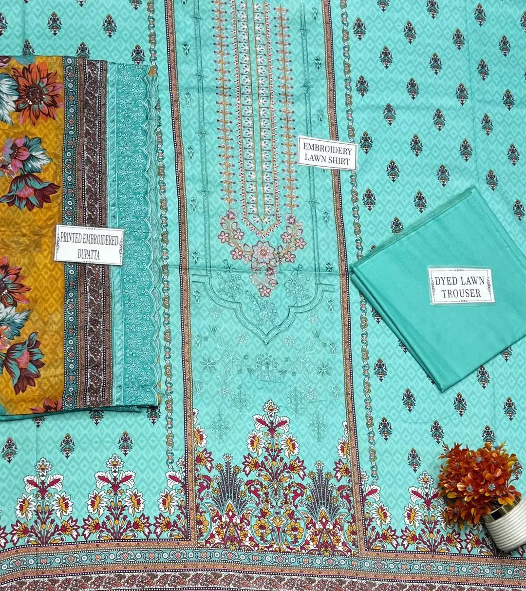 Embroidered Lawn 3Pcs Set (Sea Green)