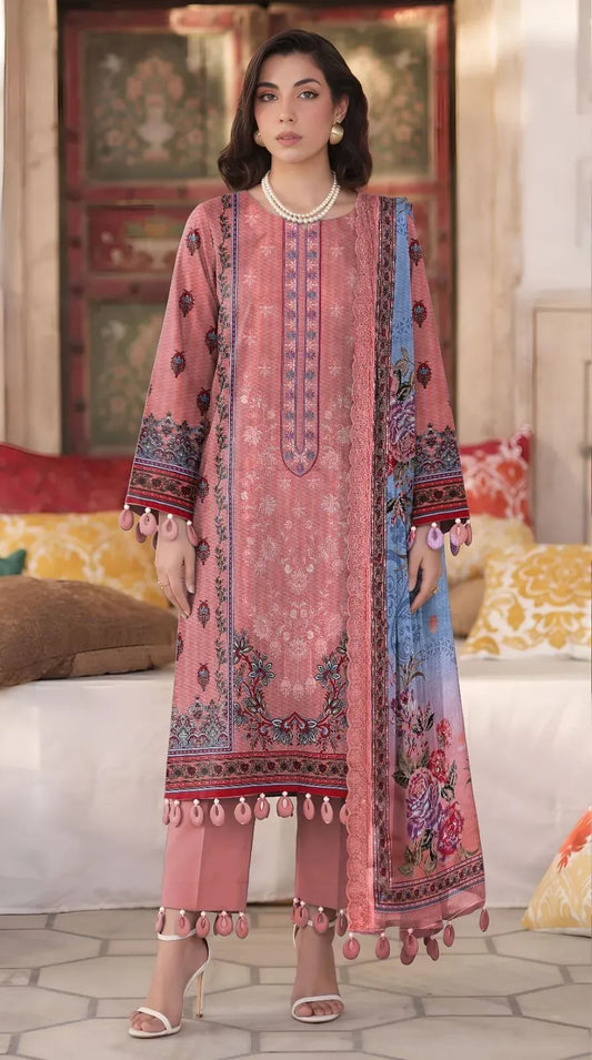 Embroidered Lawn 3Pcs Set (Peach)