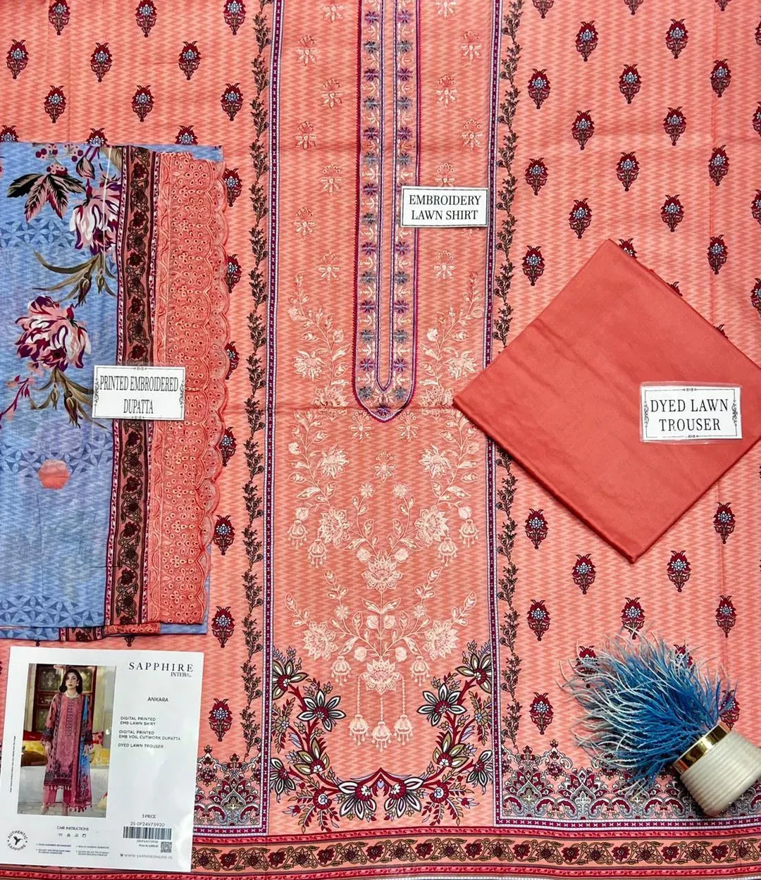 Embroidered Lawn 3Pcs Set (Peach)