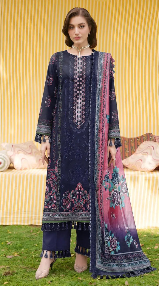 Embroidered Lawn 3Pcs  Suit Set (Blue)