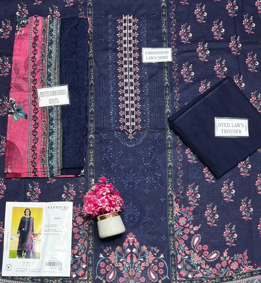 Embroidered Lawn 3Pcs  Suit Set (Blue)