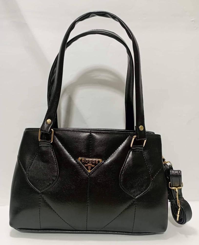 Black PU Leather Shoulder Bag with Gold Zipper & Detachable Strap
