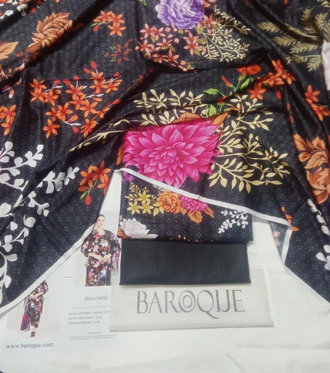 Baroque Digital Print Linen 3-Piece Suit Set
