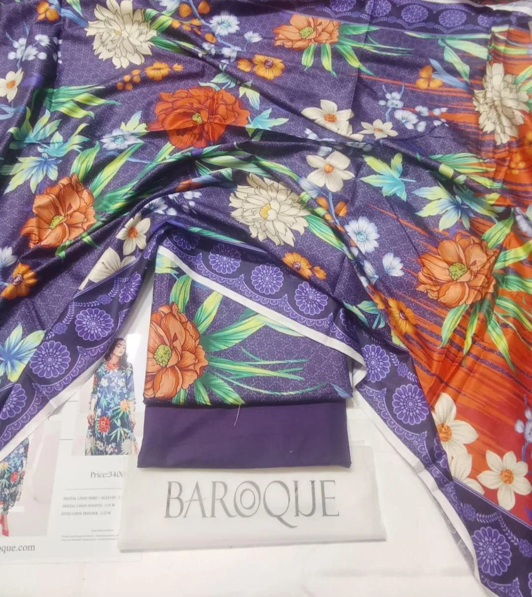 Baroque Digital Print Linen 3-Piece Suit Set