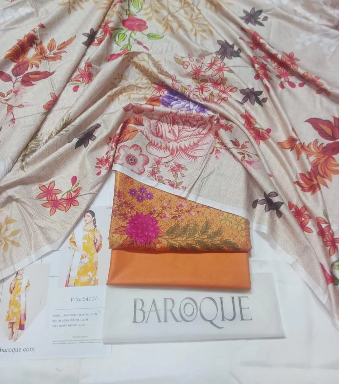 Baroque Digital Print Linen 3-Piece Suit Set