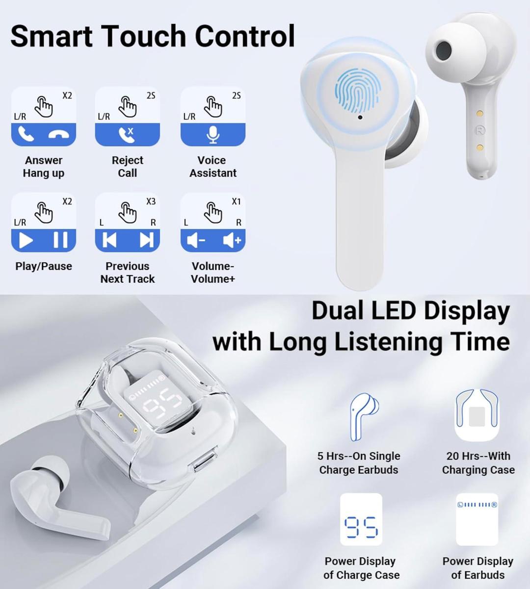 Stylish Bluetooth Earbuds with Clear Case & Water Resistant