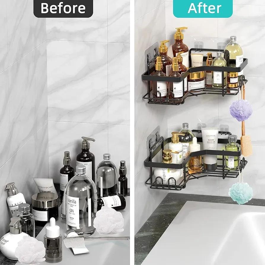 Black Corner Bathroom Shelf Stainless Steel 360° Organizer