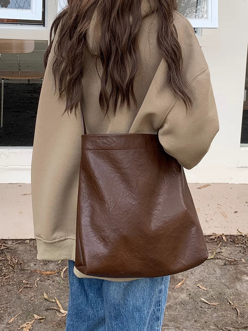 Brown Leather Tote Bag for College Girls with Retro Korean Design